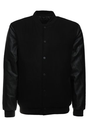 Chaqueta bomber negra con cuerpo de lana, mangas de cuero, puños acanalados y cierre de botones. Textura suave con un diseño elegante y moderno.