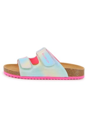 Iridescente slipper met twee verstelbare banden, een roze binnenvoering, een voetbed van kurk en een roze, gestructureerde buitenzool. Merknaam op de band.