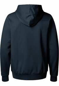 Sweat à capuche bleu marine foncé avec une poche kangourou, des poignets et un ourlet côtelés. Le matériau semble doux avec une texture lisse. La capuche est ajustable.