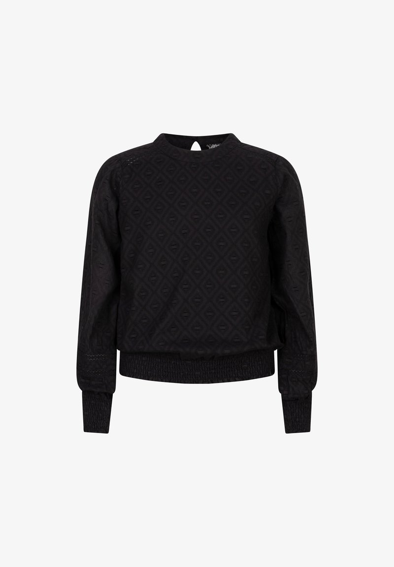 Schwarzer Sweatshirt mit strukturiertem Rautenmuster, gerippten Ärmelbündchen und Saum, rundem Halsauschnitt und Schlüssellochdetail auf der Rückseite.