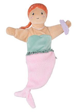 Soft fabric mermaid puppet with orange braided hair, green top, pink tail, pearl necklace, and purple shell accessory on arm.