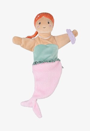 Soft fabric mermaid puppet with orange braided hair, green top, pink tail, pearl necklace, and purple shell accessory on arm.