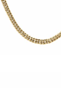 Złoty naszyjnik łańcuszkowy z splatanymi ogniwami o gładkiej, błyszczącej powierzchni, prezentujący klasyczny wzór typu curb.