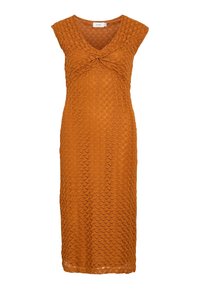 Rostfarbenes Kleid mit strukturiertem Strickmuster, V-Ausschnitt und kurzen Ärmeln, das bis zur Mitte der Wade reicht. Mit einer gerafften Detail vorne.