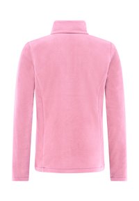 Rosa Fleecejacke mit hohem Kragen und langen Ärmeln. Weiche Textur mit glatter Oberfläche, die ein einfaches, unauffälliges Design zeigt.