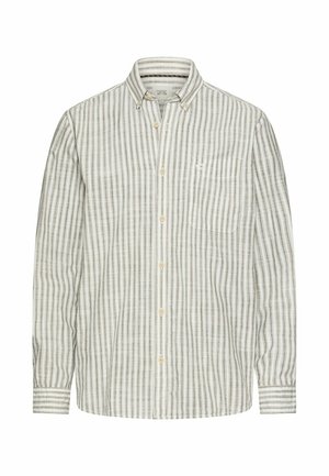 Overhemd met lange mouwen en knopen, voorzien van een spitse kraag, verticale beige en witte strepen, en een borstzak aan de linkerkant.