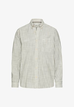 Overhemd met lange mouwen en knopen, voorzien van een spitse kraag, verticale beige en witte strepen, en een borstzak aan de linkerkant.