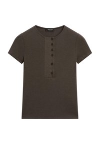 T-shirt a maniche corte, verde oliva scuro, realizzato in tessuto a coste, con scollatura rotonda e una patta frontale con sei bottoni marroni.