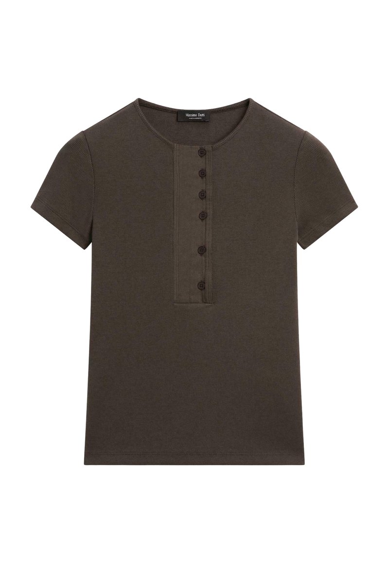 T-shirt a maniche corte, verde oliva scuro, realizzato in tessuto a coste, con scollatura rotonda e una patta frontale con sei bottoni marroni.