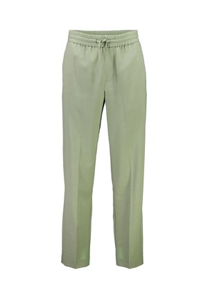 Hellgrüne, gerade geschnittene Hose mit elastischem Bund und Kordelzug, vorderen Bügelfalten und Seitentaschen, auf weißem Hintergrund dargestellt.