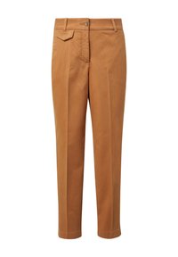 Pantaloni in cotone marrone con vestibilità slim, dotati di tasche laterali, una tasca posteriore e un design frontale piatto.