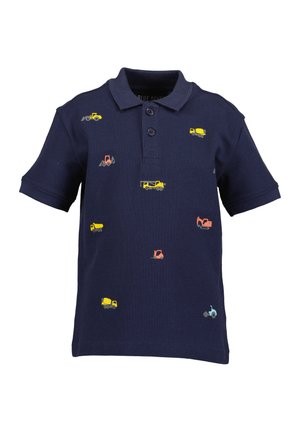 Polo shirt bleu marine avec des motifs de véhicules de construction colorés brodés. Comporte des manches courtes, un rabat à trois boutons et une texture en coton doux.