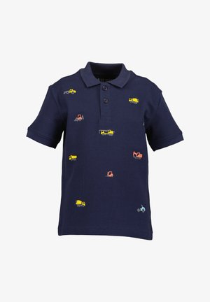 Marineblauwe polo met geborduurde kleurrijke ontwerpen van constructievoertuigen. Beschikt over korte mouwen, een placket met drie knopen en een zacht katoenen textuur.