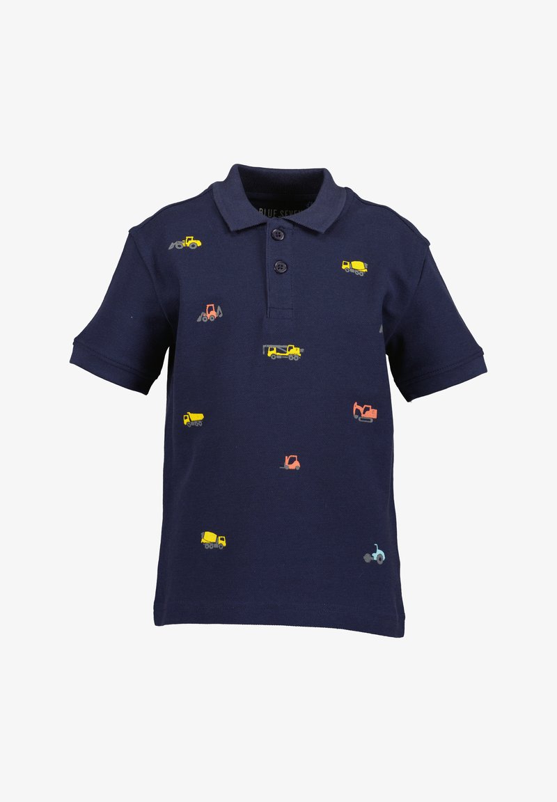 Polo shirt bleu marine avec des motifs de véhicules de construction colorés brodés. Comporte des manches courtes, un rabat à trois boutons et une texture en coton doux.