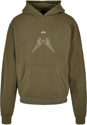 Olivovo zelená mikina s kapucňou vyrobená z bavlneného zmesi, so prednou kapsou, rebrovanými manžetami a spodným lemom, s pätnicovým grafickým dizajnom na prednej strane.