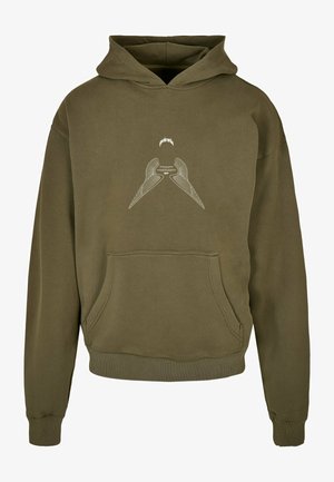 Olivovo zelená mikina s kapucňou vyrobená z bavlneného zmesi, so prednou kapsou, rebrovanými manžetami a spodným lemom, s pätnicovým grafickým dizajnom na prednej strane.