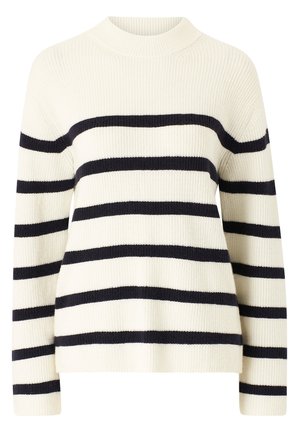 Gebreide trui in crème met marineblauwe horizontale strepen, hoge hals, lange mouwen en ribbelstructuur door het geheel.