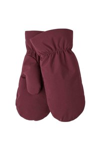 Moufles bordeaux en tissu doux et isolant. Elles présentent des poignets élastiques froncés pour un ajustement confortable, avec une forme arrondie pour la chaleur et la protection.