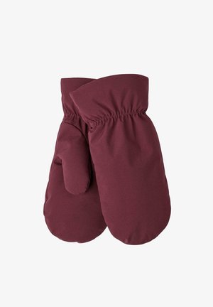 Maroon mittens made of soft, insulated fabric. Features gathered elastic cuffs for a snug fit, with a rounded shape for warmth and coverage.