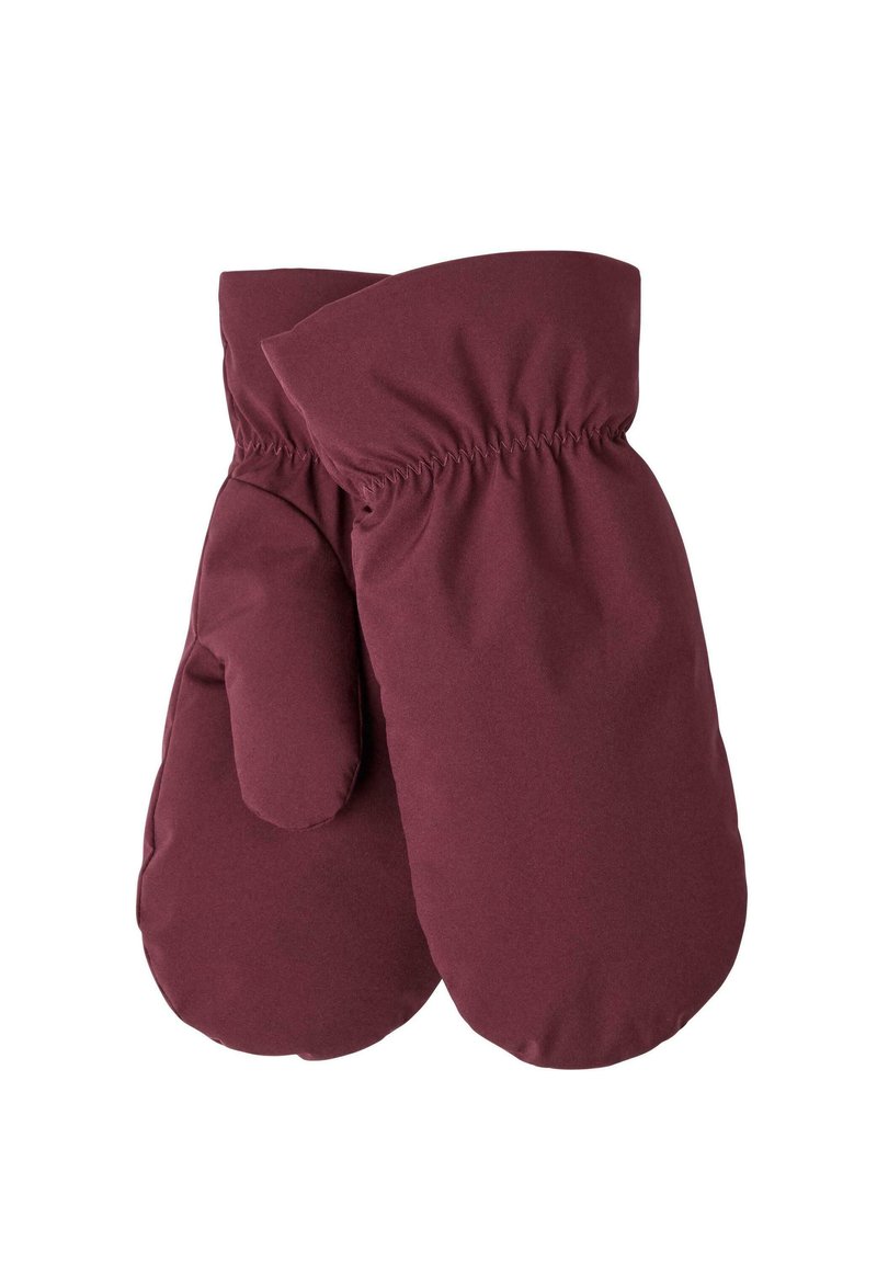 Moufles bordeaux en tissu doux et isolant. Elles présentent des poignets élastiques froncés pour un ajustement confortable, avec une forme arrondie pour la chaleur et la protection.