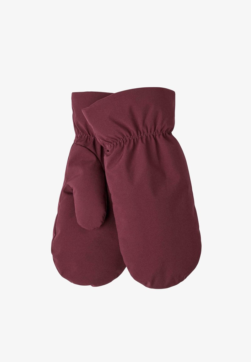 Moufles bordeaux en tissu doux et isolant. Elles présentent des poignets élastiques froncés pour un ajustement confortable, avec une forme arrondie pour la chaleur et la protection.