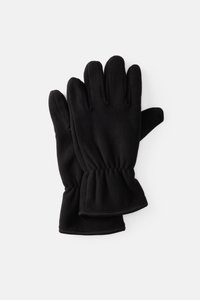 Sorte fleecehandsker med en blød tekstur, der har et gathered håndleddesign og fingerkompartments for fingerfærdighed.