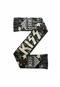 Écharpe de marque KISS présentant un motif camouflage vert et noir, avec des accents d'éclairs blancs et noirs et des franges à chaque extrémité.