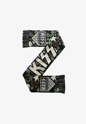 KISS-branded tørklæde med et camouflage-mønster i grøn og sort, med hvide og sorte lyn-accenter og frynser i hver ende.