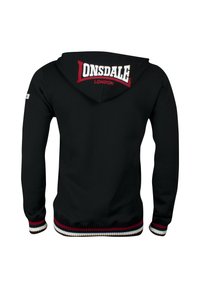 Sort hættetrøje med hvid og rød "Lonsdale London" logo på ryggen, ribbede manchetter og kant med røde, hvide og marineblå striber.