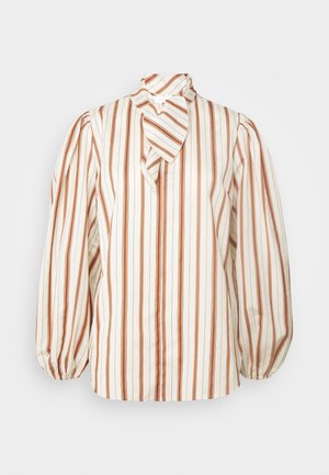 Blouse à manches longues avec des rayures verticales orange, marron et blanches et un col haut noué en nœud.