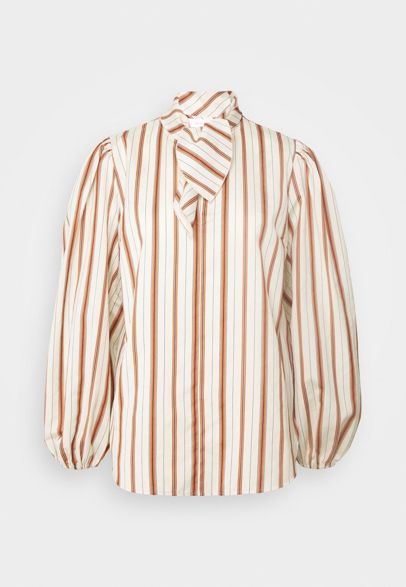 Blouse à manches longues avec des rayures verticales orange, marron et blanches et un col haut noué en nœud.