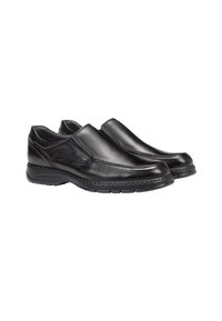 Scarpe slip-on in pelle nera con finitura liscia, punta arrotondata e dettagli elastici sui lati; presentano una suola in gomma spessa per il massimo comfort.