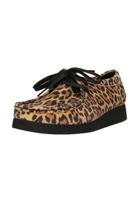 Leopard-print suede shoes with a black rubber sole and laces, featuring a rounded toe and stitched detailing along the upper edge.