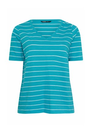 Turquoiseblauw T-shirt met korte mouwen, V-hals, horizontale dunne witte strepen, losse pasvorm en effen zoom.