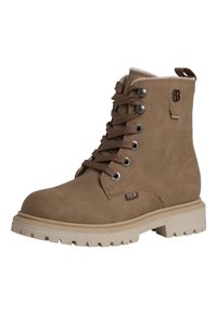 Bottines en simili cuir marron clair avec oeillets en métal, lacets marron et finition texturée. Dotées d'une semelle en caoutchouc beige épaisse avec une bonne adhérence.