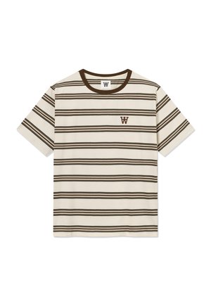 Gestreept T-shirt van off-white katoen met bruine horizontale strepen. Bruine ronde hals met een klein geborduurd logo op de linkerborst.