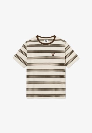 Gestreept T-shirt van off-white katoen met bruine horizontale strepen. Bruine ronde hals met een klein geborduurd logo op de linkerborst.