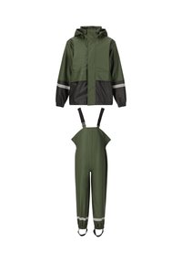 Waterdichte groene regenjas met zwarte accenten, capuchon en reflecterende strips. Gemonteerd met groene overall met verstelbare banden en elastische manchetten.