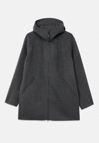 Gray wool coat with a hood, featuring a front zip closure, two side pockets, and a relaxed, knee-length silhouette.