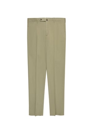 Beige rechtvallende broek met knoop- en ritssluiting aan de voorkant, riemlussen en zijzakken, plat neergelegd op een witte achtergrond.