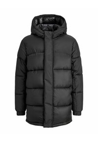 Melnā pūkā jaka ar kapuci, ar kvēlētu dizainu un taisnstūra segmentiem, priekšējo rāvējslēdzi un elastīgām aprocēm. Gluda tekstūra.