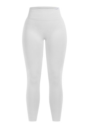 Weiße Leggings aus glattem, dehnbarem Stoff. Hohe Taille mit einer körpernahen Silhouette und ohne sichtbare Muster oder Details.