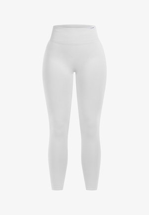 Leggings bianchi realizzati in un tessuto liscio e elasticizzato. Design a vita alta con una silhouette aderente e senza modelli o dettagli visibili.