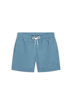 Costume da bagno da uomo azzurro chiaro con vita elastica, coulisse bianca, tasche laterali e piccolo logo a forma di onda sulla gamba sinistra.