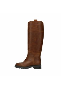 Brown leather knee-high boot with a rounded toe, smooth texture, and a subtle sheen. Features a pull tab at the top and a low block heel.