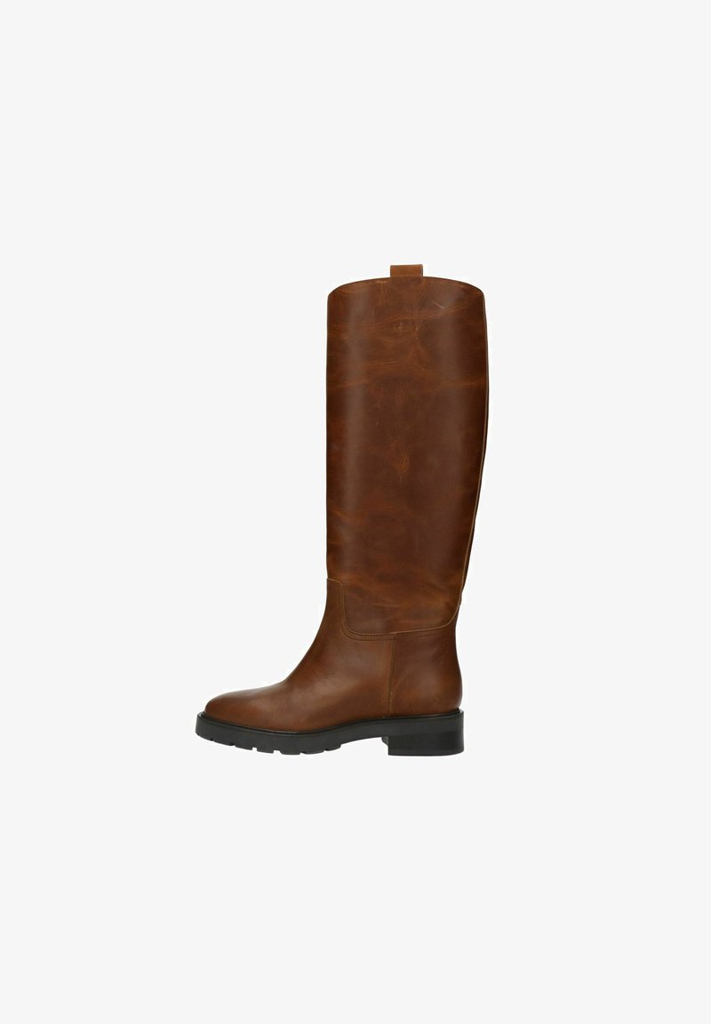 Brown leather knee-high boot with a rounded toe, smooth texture, and a subtle sheen. Features a pull tab at the top and a low block heel.