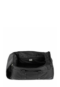 Borsa da viaggio rettangolare nera con scomparto principale aperto, tasca laterale con zip e maniglie per il trasporto, mostrata su sfondo bianco.