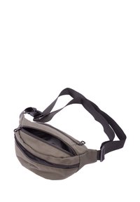 Marsupio color khaki realizzato in tessuto testurizzato, dotato di due scomparti con zip e una tracolla nera regolabile per un trasporto sicuro.