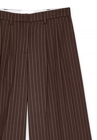 Brown trousers with vertical beige and orange pinstripes, belt loops, and a front pleat detail.