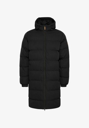 Černá prošívaná bunda s zipem vpředu, kapucí, elastickými manžetami a mírným leskem. Obsahuje prošívání a logo na rukávu.